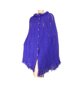 Purple Boho Hippie 70s Poncho Sweater Cape Fringed One-Of-A-Kind Hand Knit Buttons