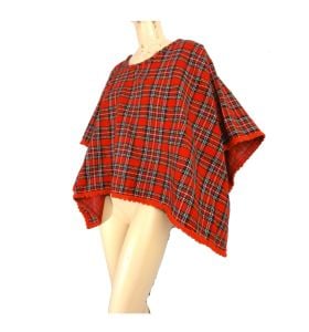 Vintage 70s Red Tartan Plaid Wool Poncho Cape One-Of-A-Kind Rectangle Unisex |OSFM