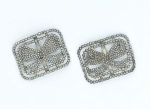 Pair of Antique French Steel Cut Shoe Buckles, Victorian Steel Cut Bow Buckle Set, Ornate Shoe Clips