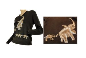 Vintage 70s Pullover Sweater Elephant and Babies Embellished Brown Acrylic by Cyn Les by Shirlee