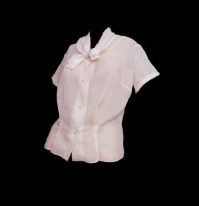 Vintage 50s Blouse Sheer Nylon Blush Pink Blouse Bow Collar Short Sleeve Secretary Blouse Le Charme - Fashionconstellate.com