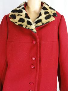 Vintage 60s Red Wool Jacket Leopard Print Genuine Fur Collar Short Coat Made in USA - Fashionconstellate.com