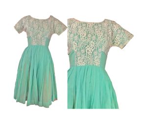 Vintage 60s Dress Sheer Cotton Lacy Aqua Garden Party Summer Dress | XXS