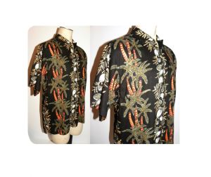 90s Rayon Hawaiian Shirt | Palm Trees and Coconuts on Black | Chest 47''