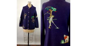 1960s golf novelty sweater cardigan kitschy preppy acrylic sweater Size M
