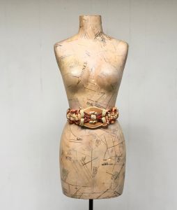 Vintage 1980s Macrame Statement Belt, Earth Tone Knotted Cord Stretch Belt with Suede/Metal Focal