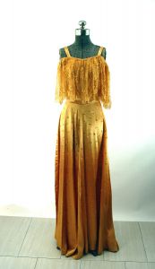 1940s satin gown gold with metal appliques and lace collar Size S - Fashionconstellate.com