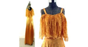 1940s satin gown gold with metal appliques and lace collar Size S