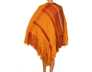 Vintage 1970s Orange Hand Loomed Wool Poncho Cape - Fashionconstellate.com