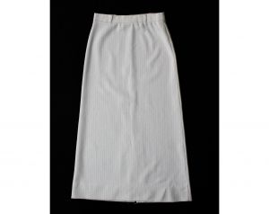 Size 10 White Maxi Skirt - 70s Metallic Silver Pinstripe Polyester - 1970s Ankle Length Striped Knit