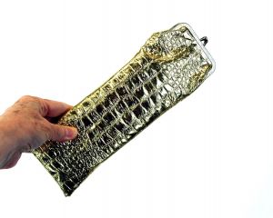 1960s gold moc croc cigarette holder purse with plastic flask - Fashionconstellate.com