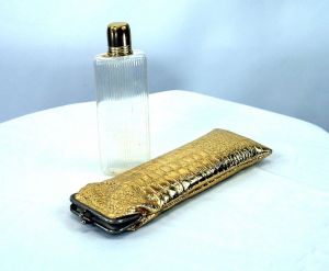 1960s gold moc croc cigarette holder purse with plastic flask