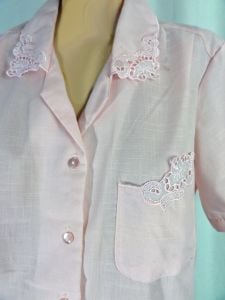 Lacy Pink Blouse Short Sleeves Vintage 80s Blouse Cotton Secretary Blouse Laura Mae | XL - Fashionconstellate.com