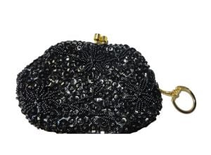 Vintage Black Beaded Coin Purse Change Purse With Key Chain Made in Hong Kong