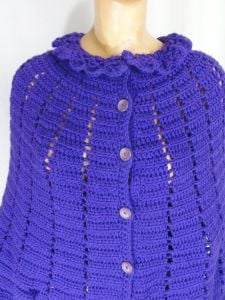 Purple Boho Hippie 70s Poncho Sweater Cape Fringed One-Of-A-Kind Hand Knit Buttons - Fashionconstellate.com