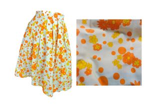 Vintage 60s Flower Power Mod Orange Daisy Print Cotton Pleated Skirt | XS/S