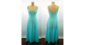 1960s nightgown Formfit Rogers Designer Collection nylon long gown blue and beige Size S/M