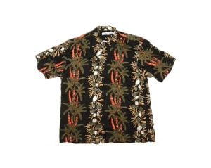 90s Rayon Hawaiian Shirt | Palm Trees and Coconuts on Black | Chest 47'' - Fashionconstellate.com