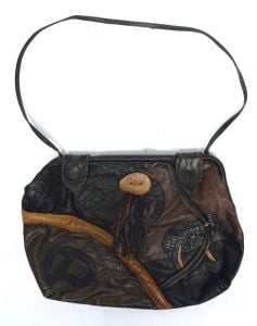 80s Large Textured Stamped Leather Satchel PATCHWORK Shoulder Bag | 16'' x 13.5''