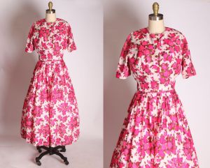 1960s Hot Pink Floral Flower Rose Print Two Piece Fitted Dress w/Matching Jacket Bolero by L'Aiglon