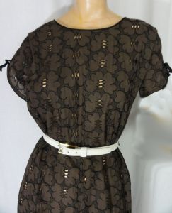 Vintage 60s Dress, Brown and Black Sheer Eyelet Lace Fit and Flare Dress by Martha Manning | L - Fashionconstellate.com