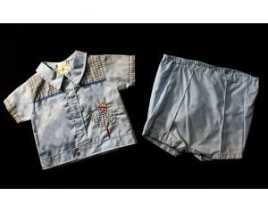 1950s Boy's Summer Shirt & Diaper Cover - Size 12 to 18 Months - 50s Blue Checked Plaid Cotton Baby 