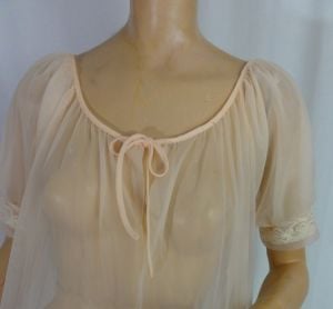 Vintage 60s Robe Blush Nude Beige Super Sheer Chiffon Lacy Lingerie Peignoir Pin Up Dressing Gown - Fashionconstellate.com