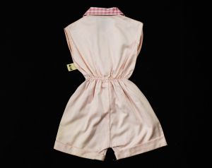 Size 4T Girl's 1950s Pink Romper - Terrific 50s Rosie The Riveter Child's Coverall with Gingham  - Fashionconstellate.com