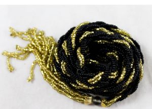Beaded Braid Belt with Tassels - Black & Gold Glass Beads with Fluted Metal Details - Small Medium