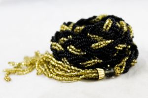 Beaded Braid Belt with Tassels - Black & Gold Glass Beads with Fluted Metal Details - Small Medium - Fashionconstellate.com