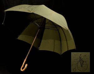 Penny Farthing Bicycle Novelty Print Umbrella - Kitsch 1960s Steampunk Army Green & Black Cotton 