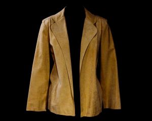 Size 12 Tan Faux Suede Jacket - 1970s Vegan Suede Office Blazer - Washable 60s 70s Yellow Taupe