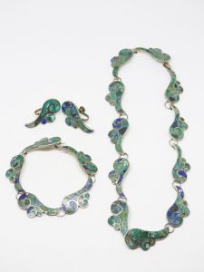 1940s Taxco Mexico Sterling Silver 950 Malachite and Azurite Inlay 3 Piece Demi Parure Necklace