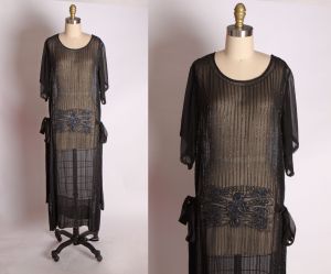 1920s Heavily Beaded Sheer Side Sash Flapper Black Dress