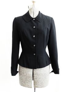1950s Kerrybrooke Black Wool Suit Jacket Nipped Waist Rhinestone Button Jacket