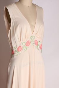 1960s Pale Pink Nylon Full Length Floral Detail Bodice Plunging Neckline Night Gown by Vanity Fair - Fashionconstellate.com
