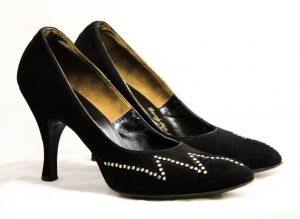 Size 6.5 Black Suede 50s Heels with Zig-Zag Rhinestones - Hollywood Style 1950s Shoes