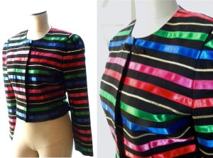90s Jacqueline Ferrar Multi Color Striped Colorful Ribbon Crop Jacket Blazer | 8 Petite SMALL
