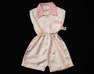 Size 4T Girl's 1950s Pink Romper - Terrific 50s Rosie The Riveter Child's Coverall with Gingham 