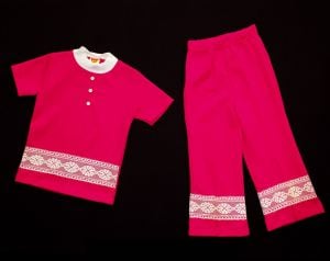 1960s Toddler Girls Pant Set - Size 3T Girl's Polyester Outfit - 60s 70s Fuchsia Pink Tunic Top and 