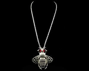 70s Pendant Necklace - Novelty Bee Insect Design with Jointed Moveable Parts - Silver Hue Metal Wasp