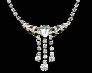 1940s 50s Rhinestone Necklace with Elegant Curving Design - Silver Hued Metal - 40s Formal Evening  - Fashionconstellate.com