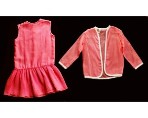 Girls Size 8 to 10 Flapper Style Dress - Mod 1960s Child's Pink Summer Sheath Pleated Skirt & Sheer 