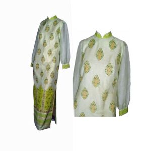 Alfred Shaheen Hawaiian 70s Maxi Dress Cheongsam Green Print | S/M