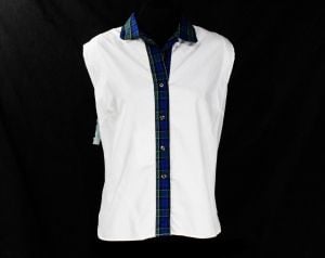 Size 10 1950s Summer Shirt - Medium 50s Sleeveless White Cotton Top with Tartan Plaid Trim - Casual 