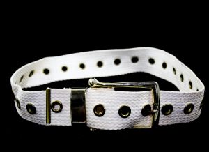 60s Mod White Cotton Belt with Bold Brassy Buckle - Size Medium 8 to 12 - 1960s Casual Belt