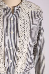 1910's Edwardian Blue and White Striped Candy Striper Lace Lawn Dress - XS - Fashionconstellate.com