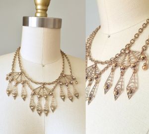 Rashida 1930s brass bib necklace, art deco jewelry, geometric necklace,  brass necklace
