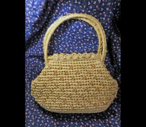 Vintage 60s Straw Summer Handbag Raffia Beaded Purse Made in Japan
