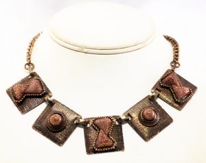 1950s Renoir Style MCM Necklace - Copper Brown Glitter & Bronze 50s Molded Plastic Mid Century 